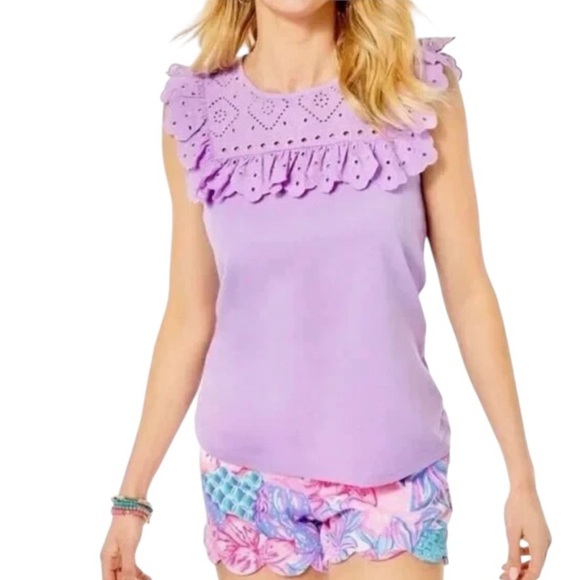 NEW LILLY PULITZER Bev Top  in Purple Iris Sleeveless Eyelet Detail Size Medium - Picture 1 of 9